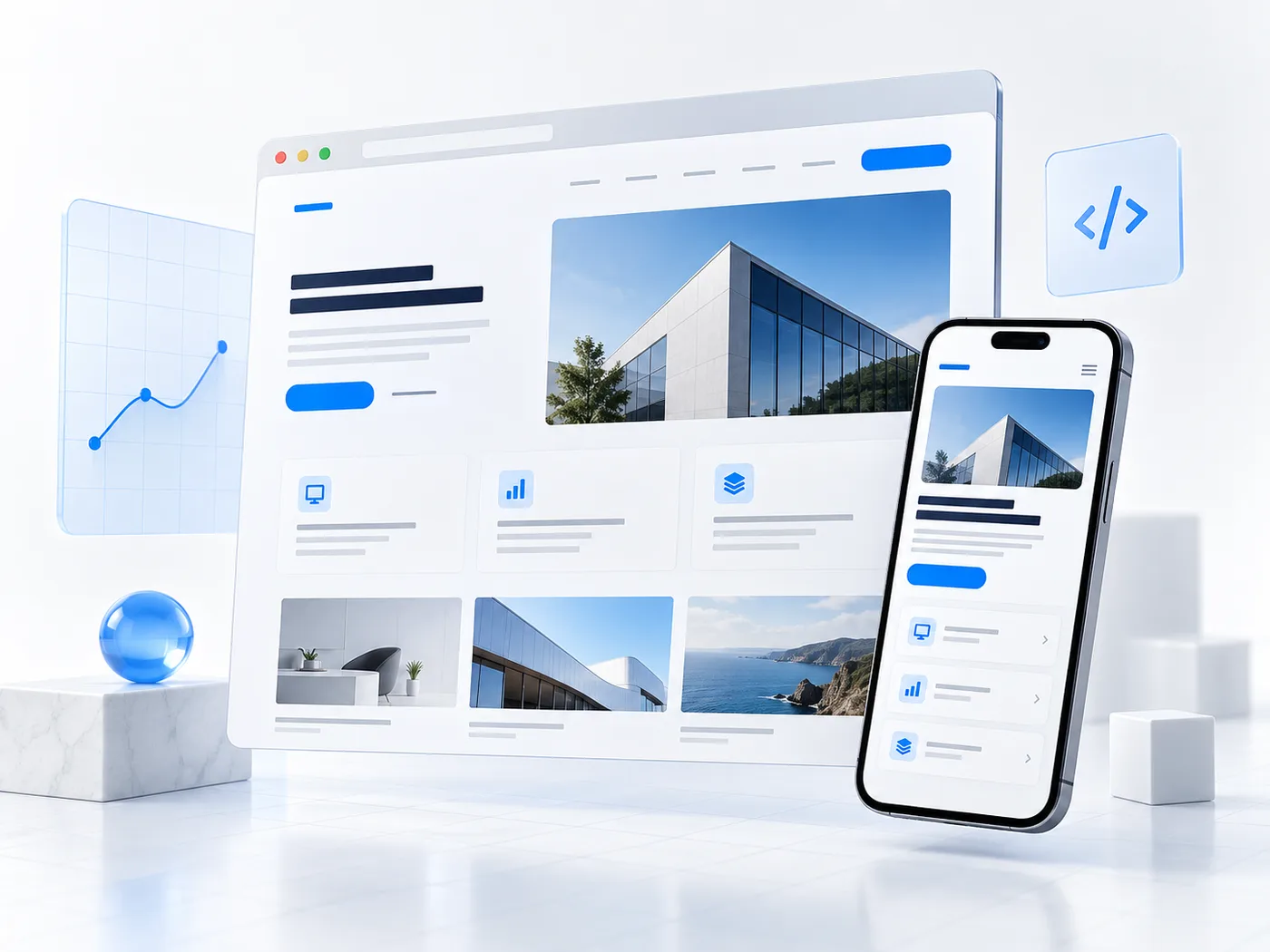 Exemplo conceitual de um site profissional exibido em computador e celular